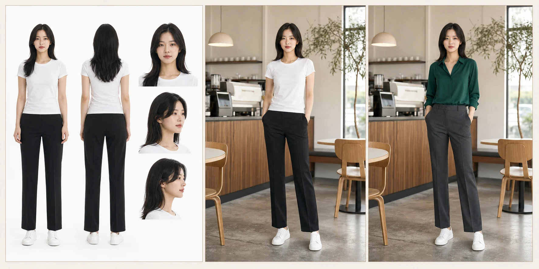 같은 모델의 캐릭터 시트, 카페 룩북 베이스, 의류 피팅 결과를 왼쪽부터 비교한 예시